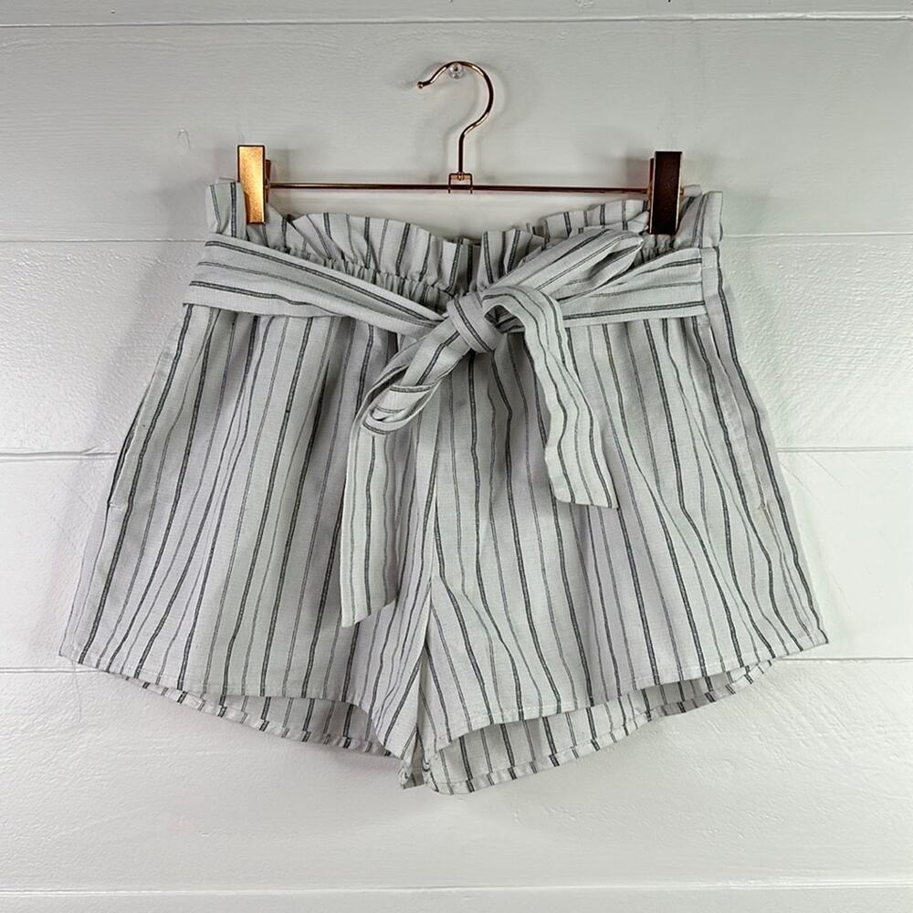 TEA MINTS White Black‎ Striped Linen Elastic Tie Waist Shorts Size Small